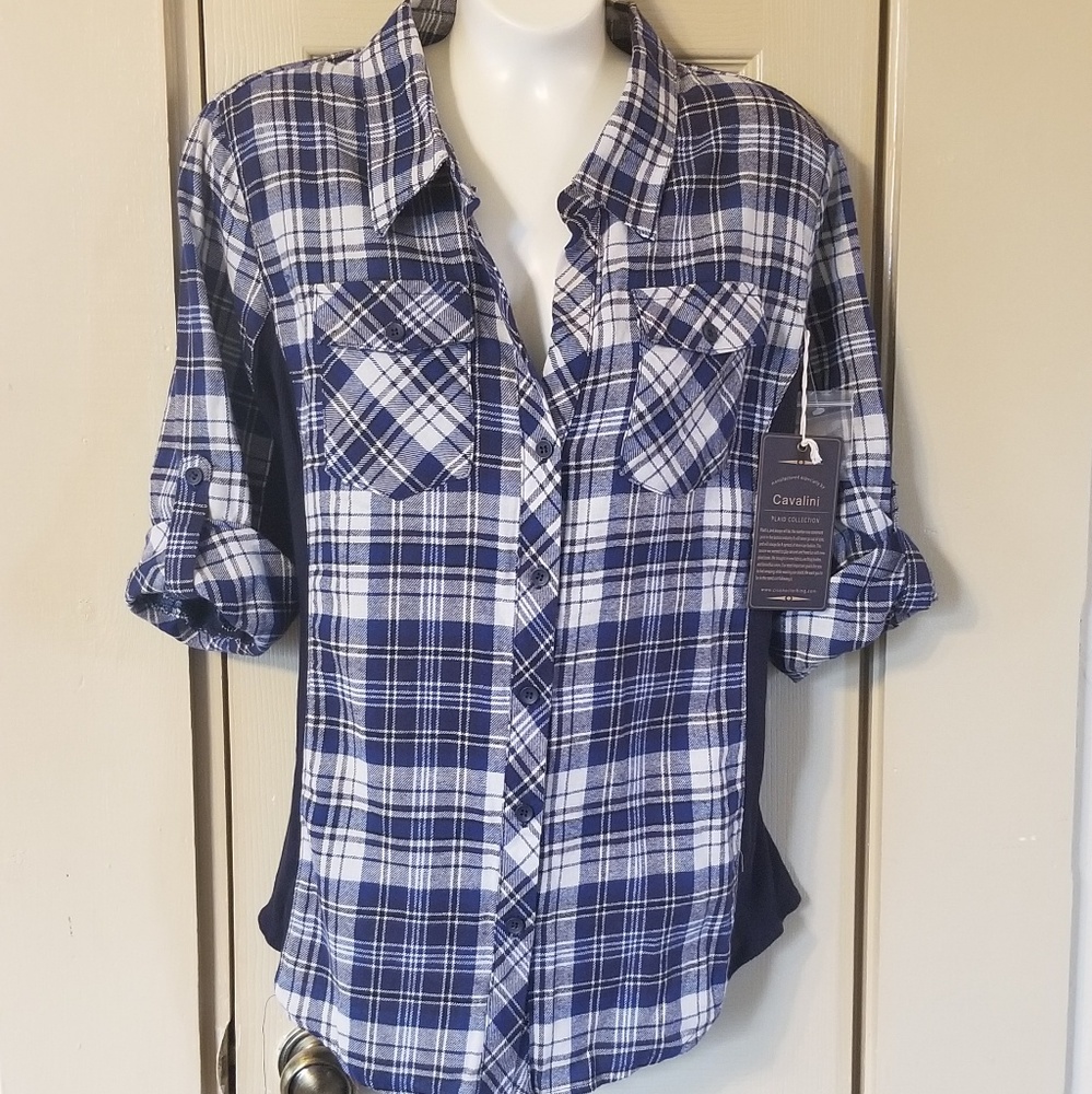 Cavalini Blue Plaid Button Down NWT